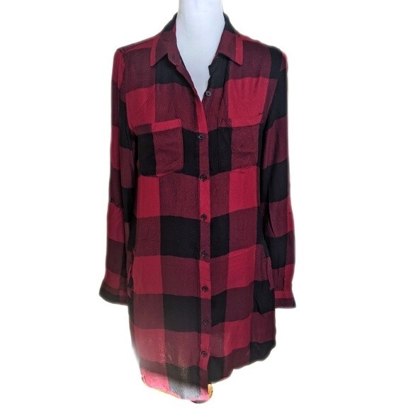 Thread + Supply long line button up thin flannel red/black buffalo check top S - Picture 1 of 7